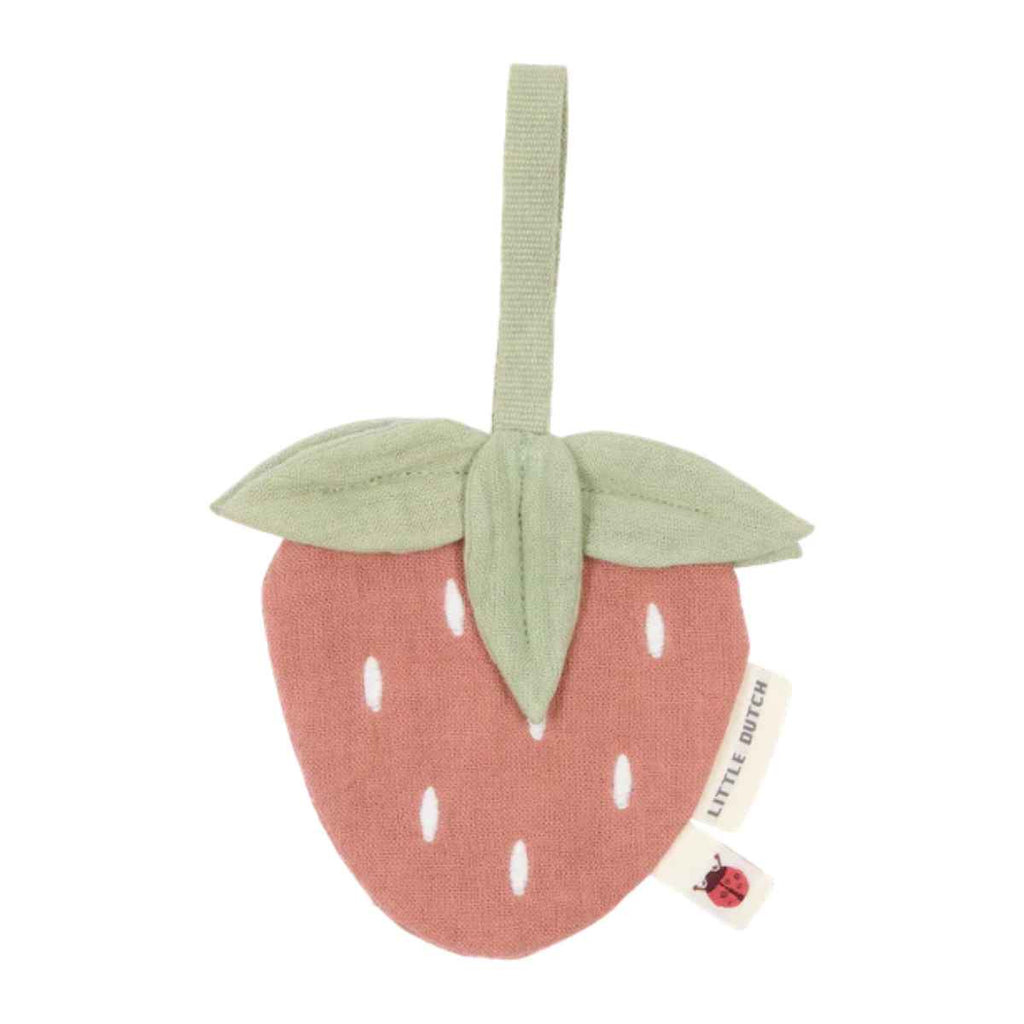 Strawberry-shaped pacifier cloth with green leaves and a tag reading 'Little Dutch' on a white background
