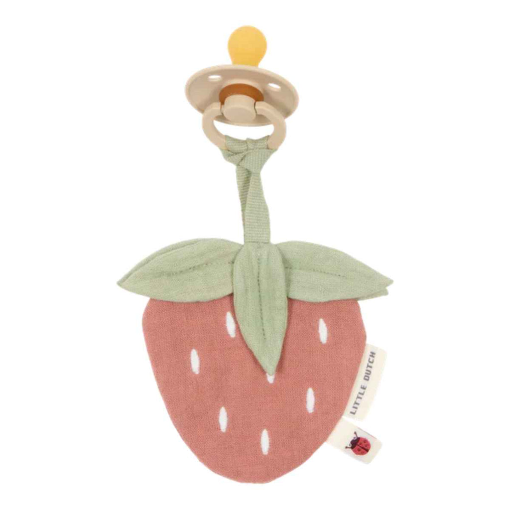Strawberry pacifier cloth with a green stem and pink body on a white background and a pacifier attached to cloth