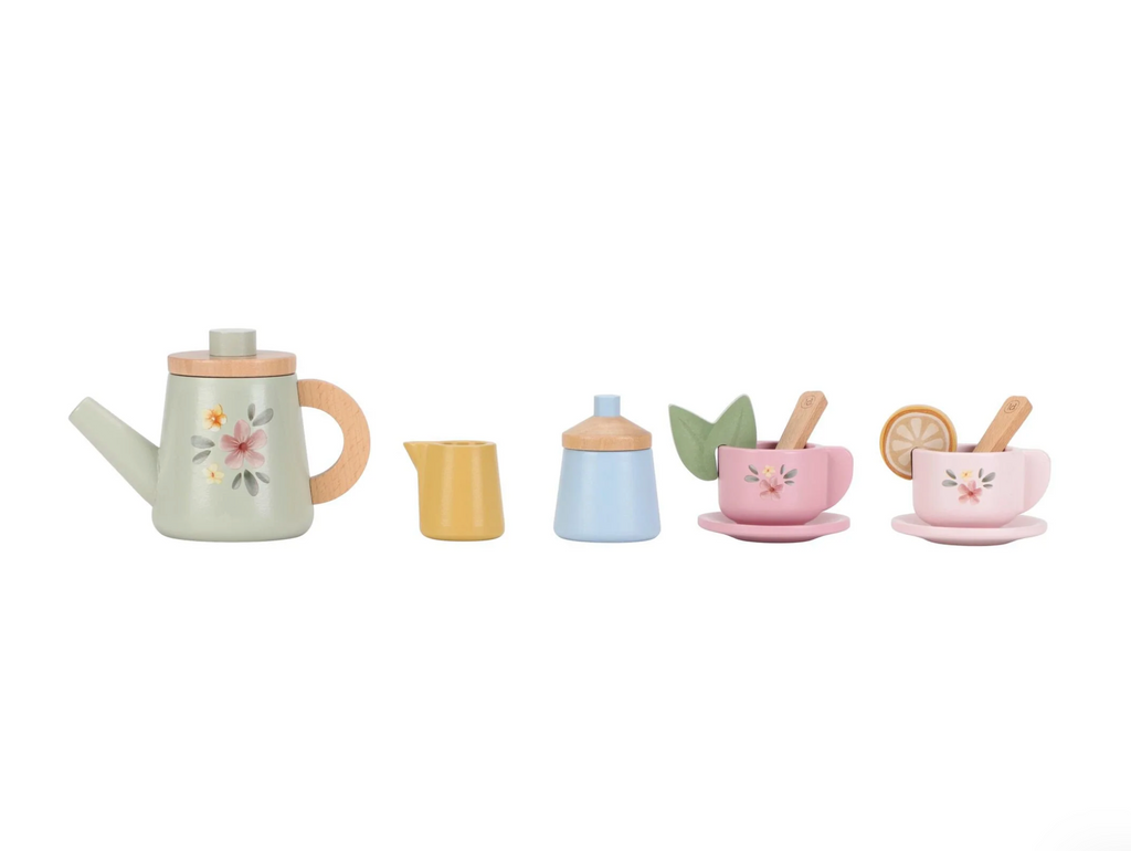 Set of pastel-colored wooden kitchenware toys on a white background