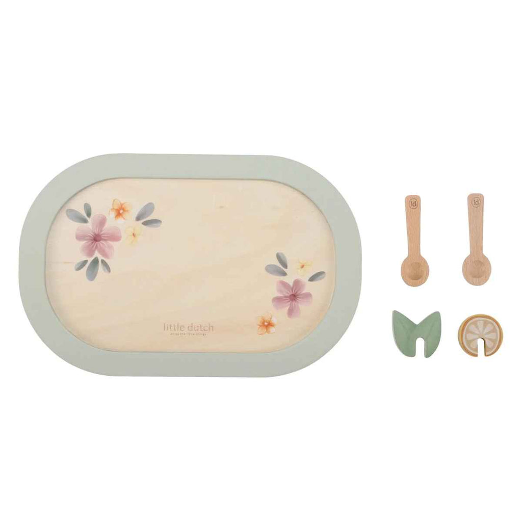 Wooden tea set tray with Little Dutch wording and wooden accessories.