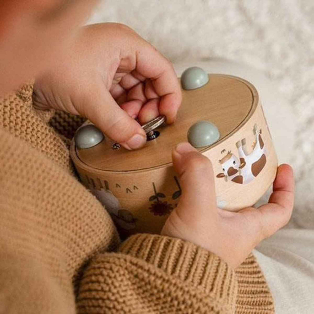 Child's hand winding up a wooden music box featuring animal illustrations.