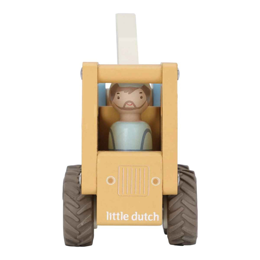 Yellow wooden crane with a figurine inside, branded 'little dutch', on a white background