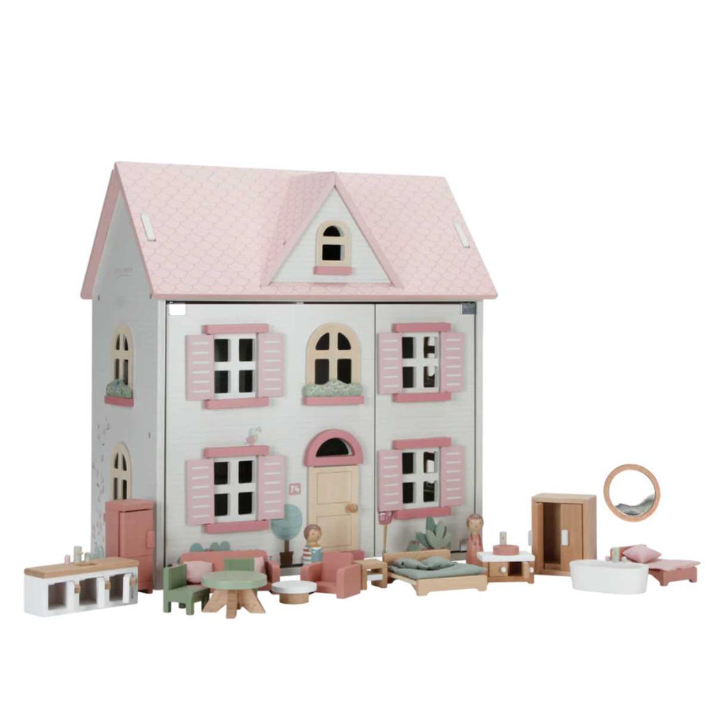Wooden dollhouse with pink roof and detailed furniture 