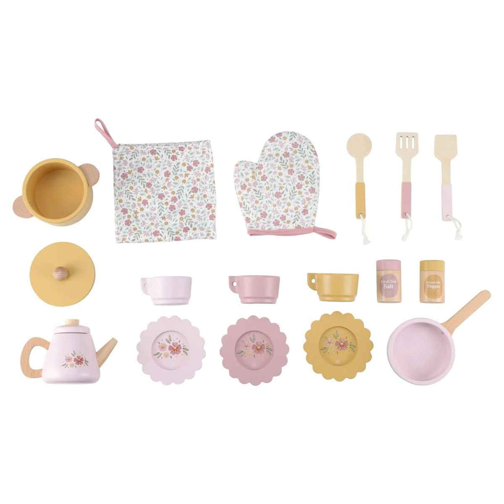 Set of pastel-colored kitchen playset with utensils and cookware on a white background