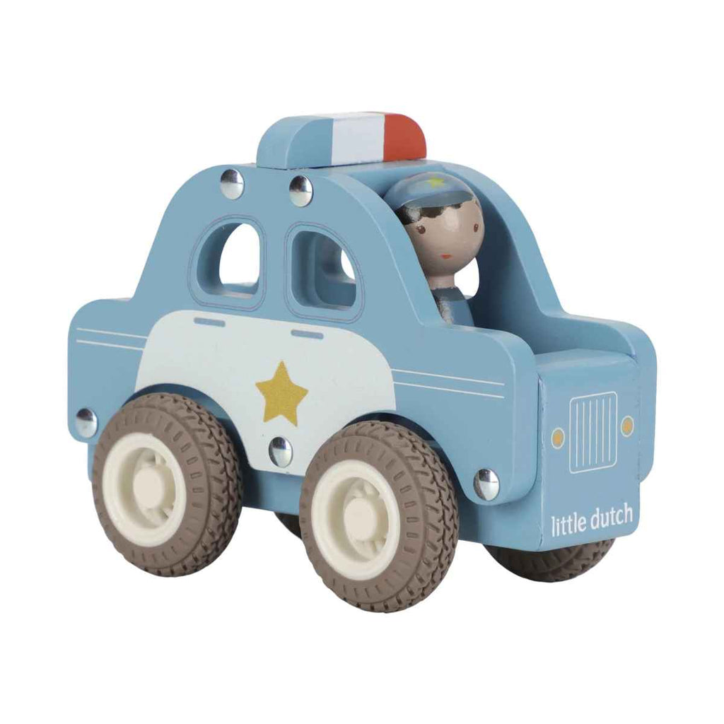 Wooden toy police car with a driver figure on a white background, branded 'little dutch'.