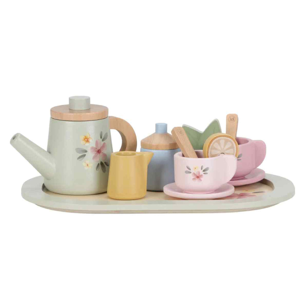 Pastel-colored children's wooden tea set with teapot, cups, and tray on a white background