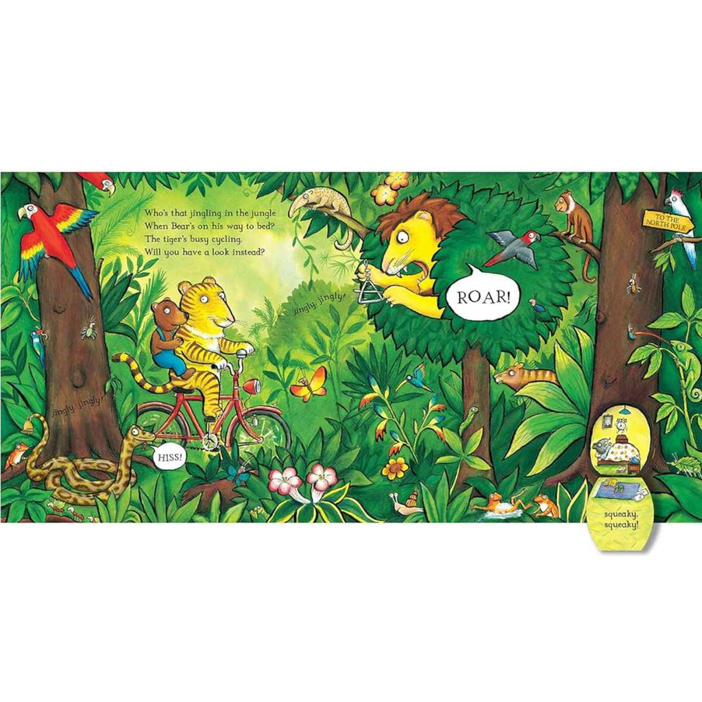 In a lush, vibrant green jungle teeming with life. A lion perches high in a tree, holding a triangle, ready to jingle. Nearby, a tiger and a bear ride their bicycle through the foliage. A tiny mouse in their tree house, and other jungle creatures can be spotted. The text reads: “Who’s that jingling in the jungle when Bear’s on his way to bed? The tiger’s busy cycling. Will you have a look instead?” A lively, interactive bedtime adventure begins.