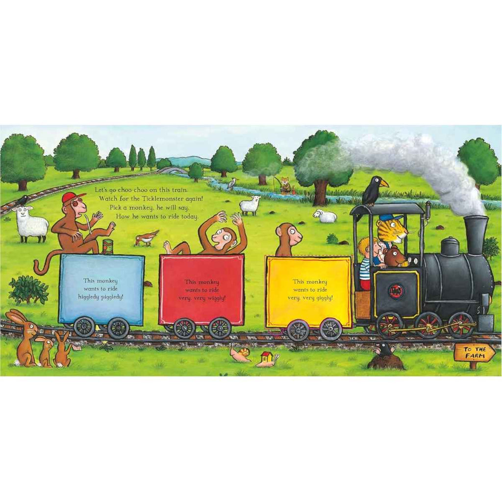 A bright, colorful train chugs cheerfully through a sunny countryside field, passing sheep, trees, playful rabbits, and a winding river. A tiger drives the train, joined by Tom and Bear in the engine. Three lively monkeys ride along in the carriages, full of energy and fun. The scene is bustling with movement and charm. The text reads: “Let’s go choo-choo on this train. Watch for the Ticklemonster again! Pick a monkey, he will say. How he wants to ride to ride today.” It's an engaging, interactive journey.