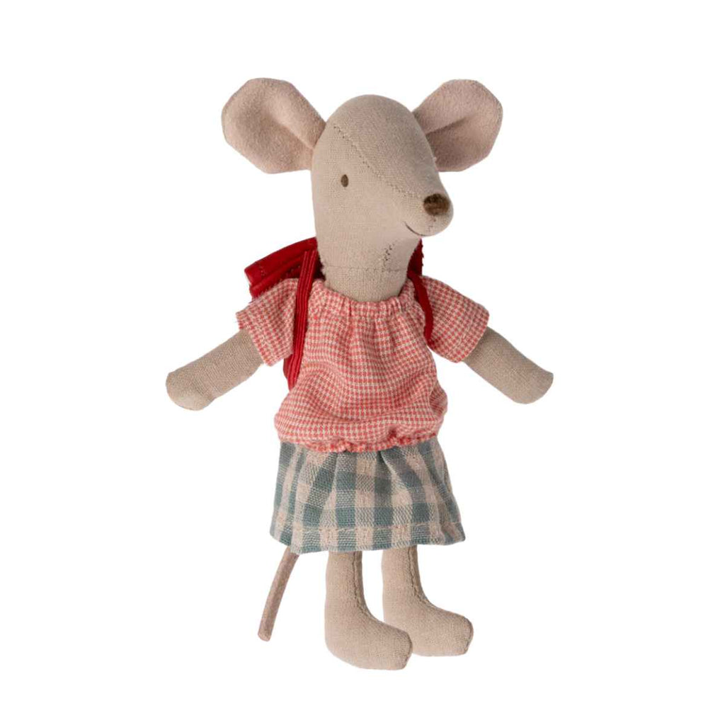 Big sister tricycle mouse wears a red and white checkered shirt with a blue and white checkered skirt, a red backpack, and has magnets in her hands to grip the handlebars of her tricycle.
