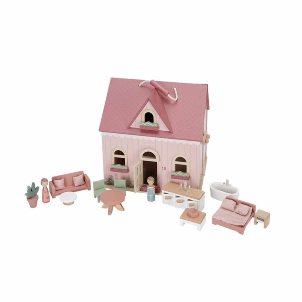 Little Dutch | Portable Doll House | Pink | Decorations | On White Background | Wooden Doll House | ChocoLoons