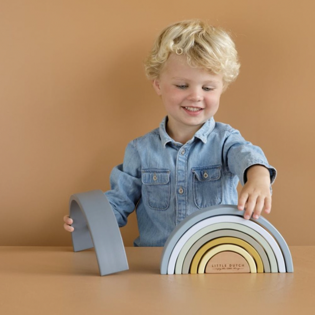 Little Dutch | Boy Playing With Stacking Rainbow | Blue Rainbow | Stacking Toy | Wooden | ChocoLoons