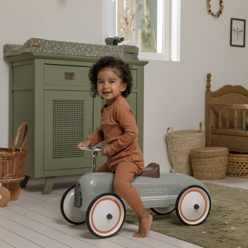 Little Dutch | Child Riding On Retro Ride On | Olive Green Vehicle | Retro Car | Ride On | ChocoLoons
