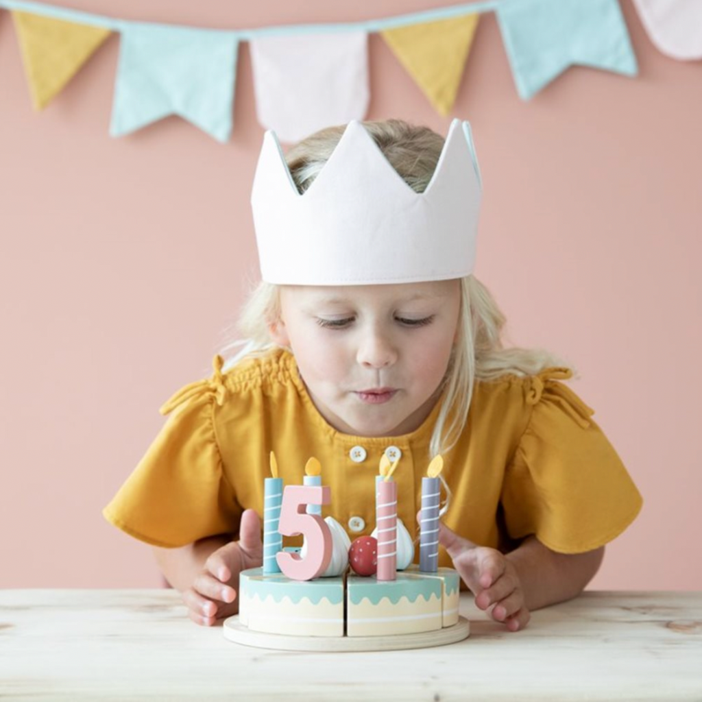 Little Dutch | Wooden | Birthday Cake | Wooden Cake | Child Blowing Out Cake Candles | ChocoLoons