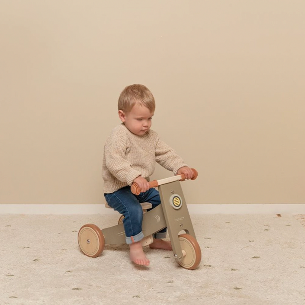 Little Dutch | Wooden Tricycle | Boy Riding On Wooden Tricycle | Olive Green | Wooden | ChocoLoons