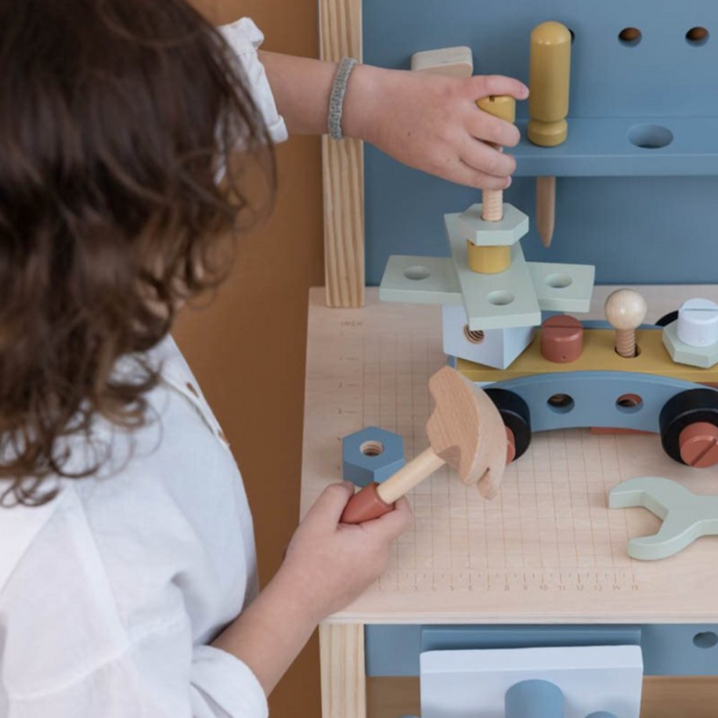 Little Dutch | Child Playing With Workbench | Wooden Toy | Wooden Workbench | Blue | ChocoLoons