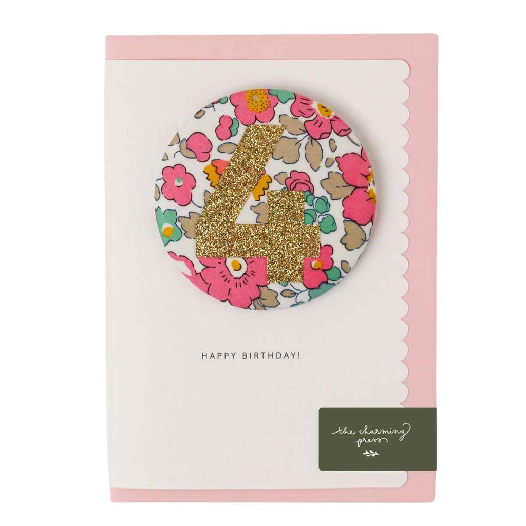 The Charming Press | Birthday Badge Card | Liberty Betsy Pink Fabric | Age 4 | ChocoLoons