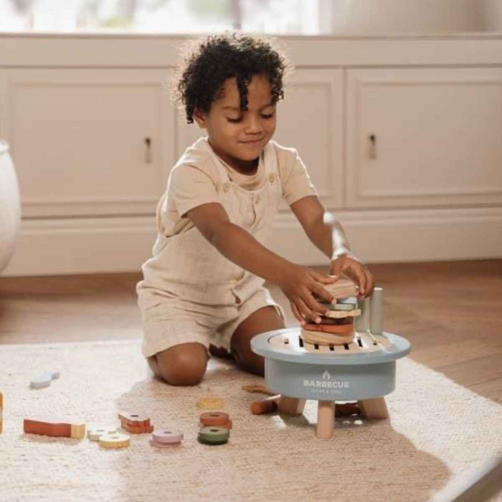 Little Dutch | Boy Playing With Barbecue Toy Set | ChocoLoons