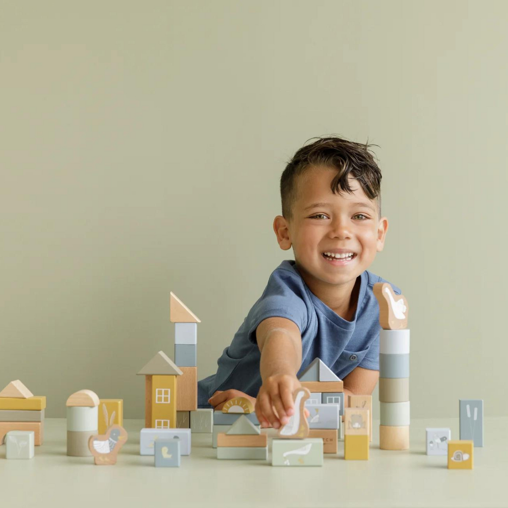 Little Dutch | Boy Playing With 50PC Set Building Blocks | ChocoLoons