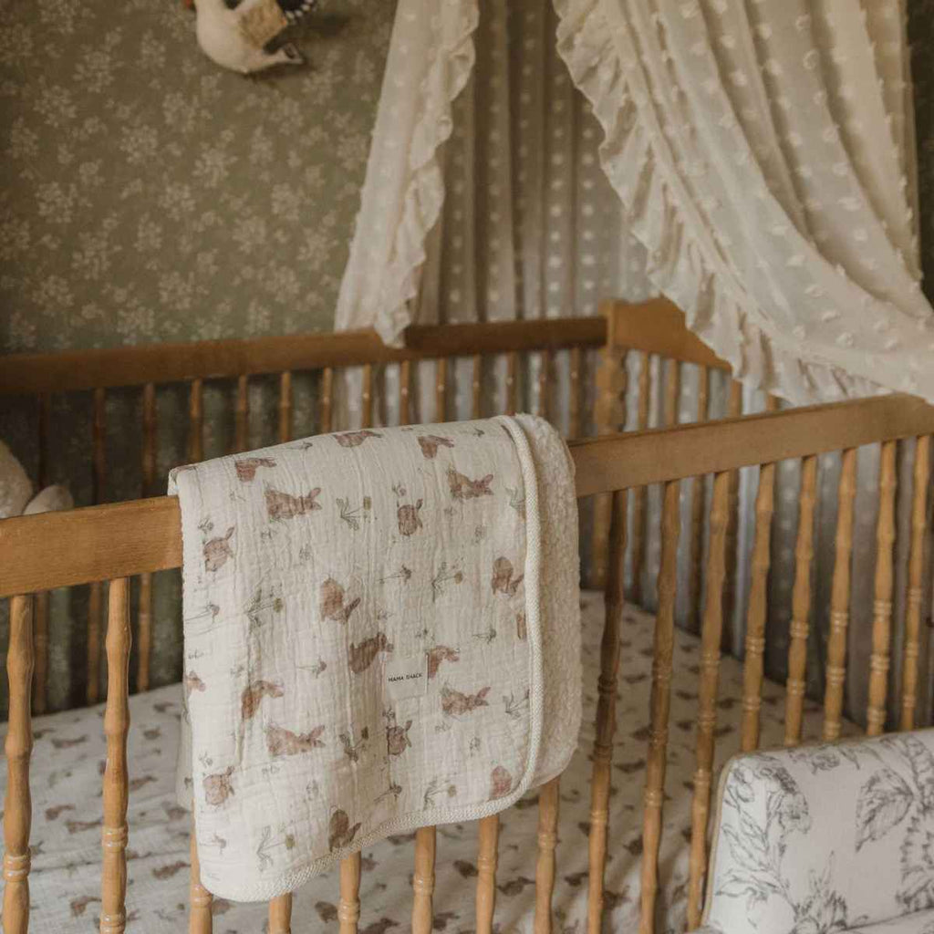 Mama Shack | Muslin Sherpa Fleece Baby Blanket On Cot | Bunnies | ChocoLoons