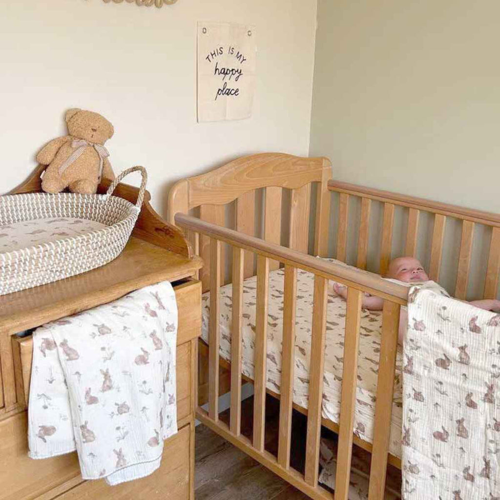 Mama Shack | Muslin Swaddle Blanket In Room | Bunnies | ChocoLoons