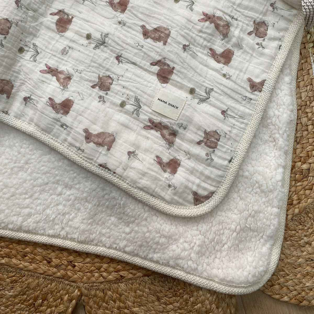 Mama Shack | Muslin Sherpa Fleece Baby Blanket | Bunnies | ChocoLoons