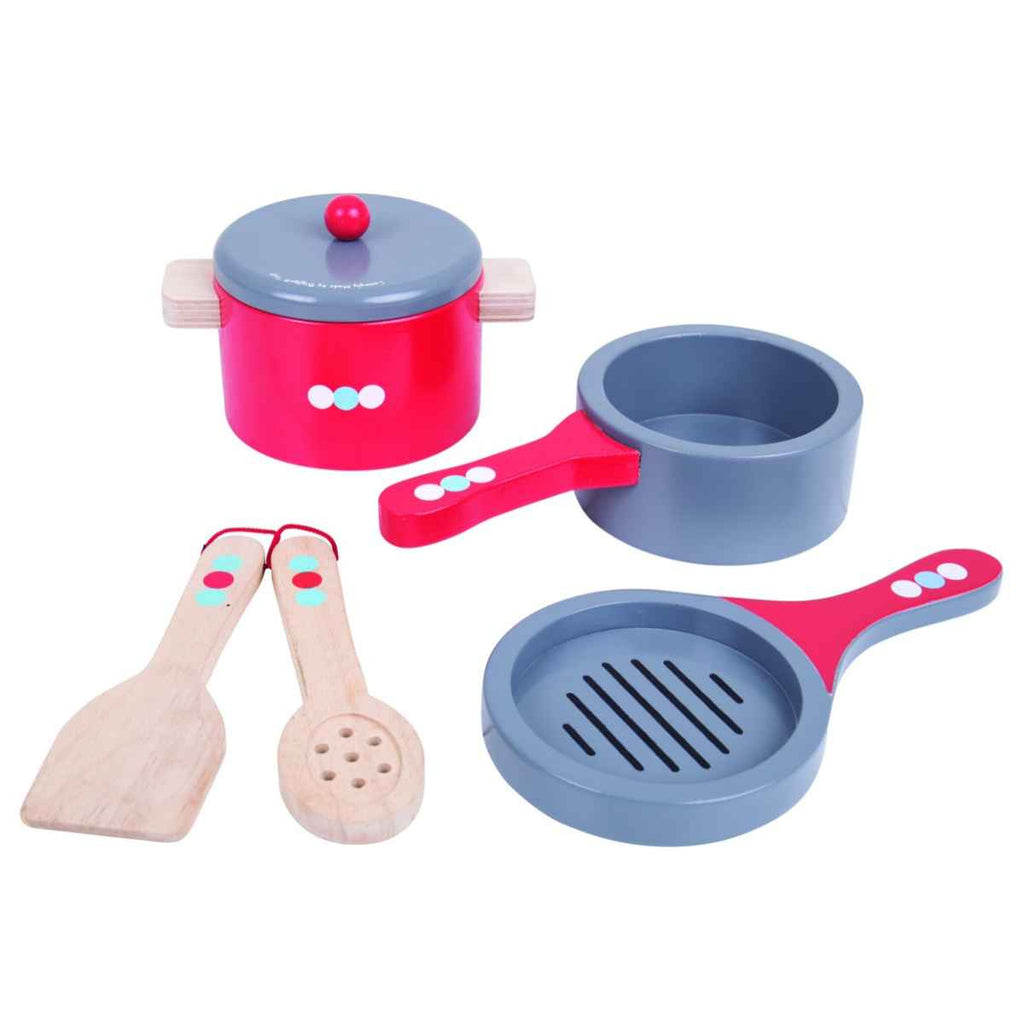 Bigjigs | Wooden Cooking Pans | Red/Grey | Chocoloons