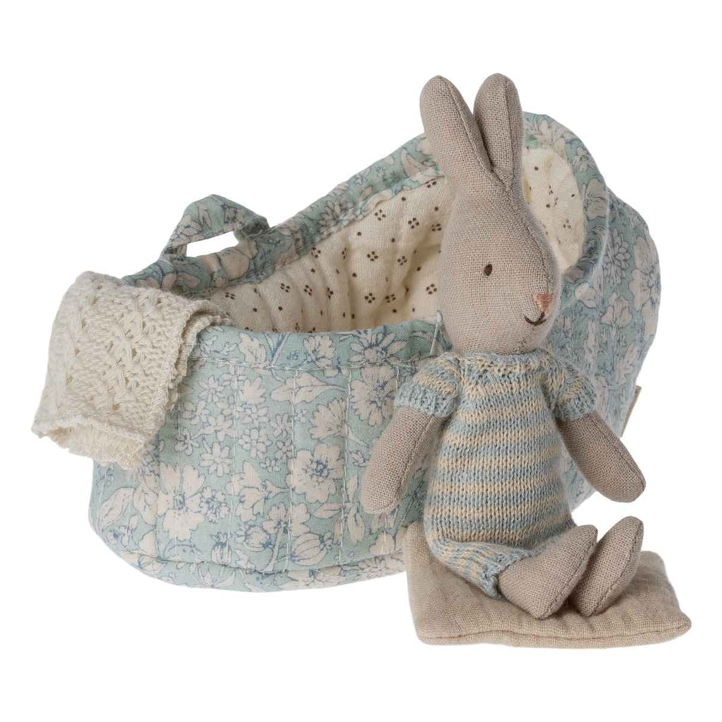 Maileg | Rabbit In Carry Cot | Light Blue + Cream | ChocoLoons