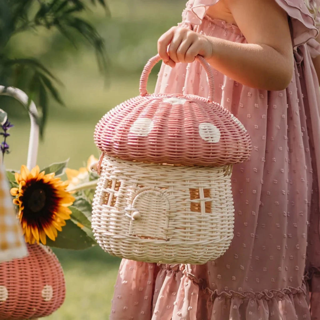 Olli Ella | Girl Carrying Rattan Mushroom Basket | Musk | ChocoLoons