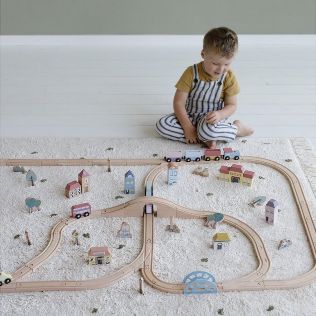 Little Dutch | Boy Playing With Wooden Train Set | ChocoLoons