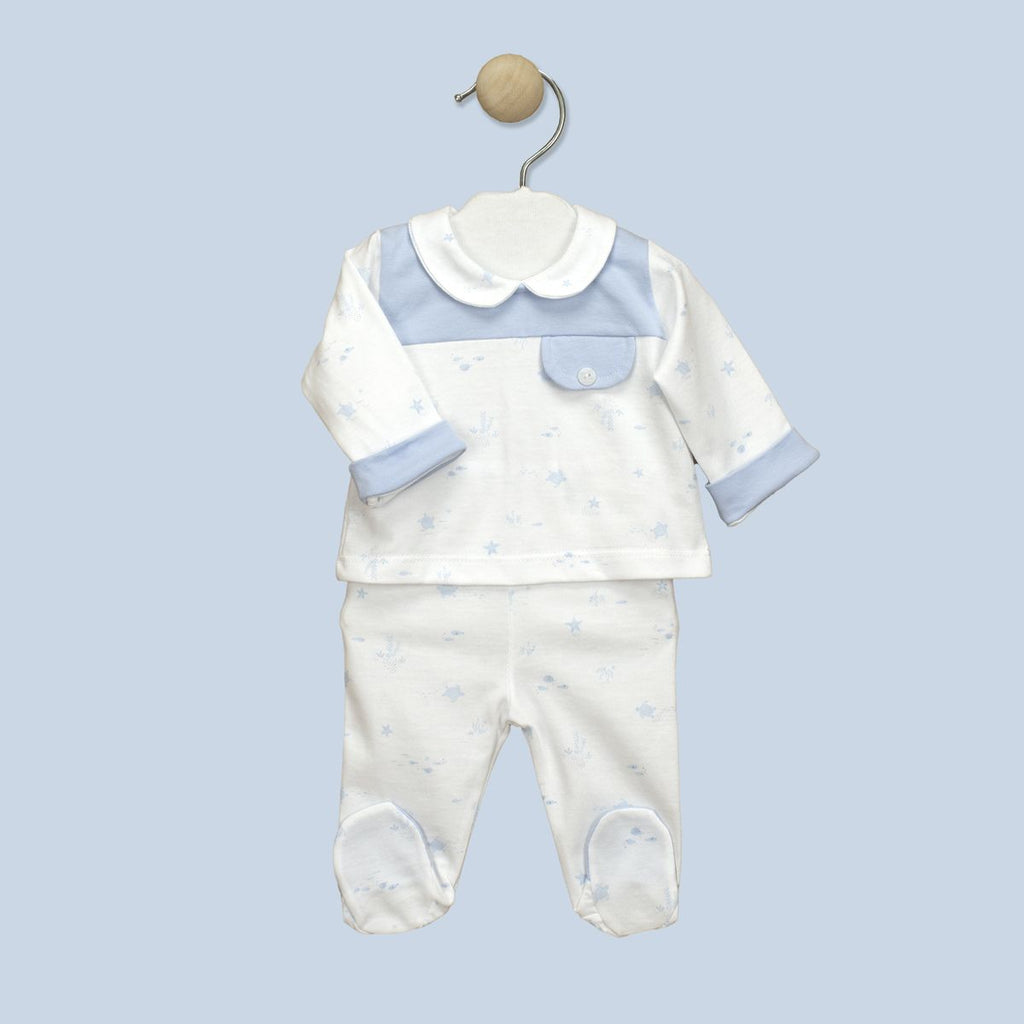 Babidu | Baby Boy 2pc Blue & White Babygrow | ChocoLoons