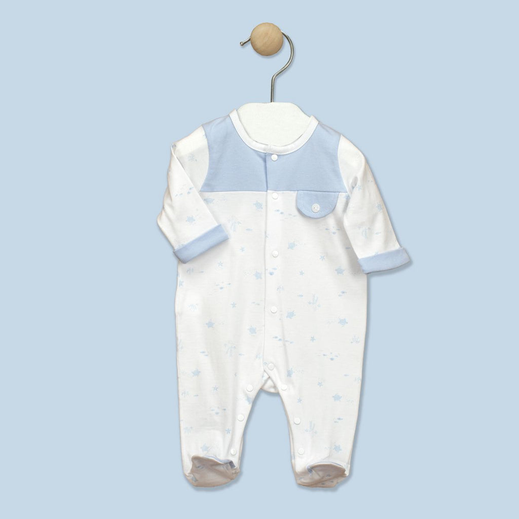 Babidu | Sky Blue & White Babygrow with turtle print | ChocoLoons