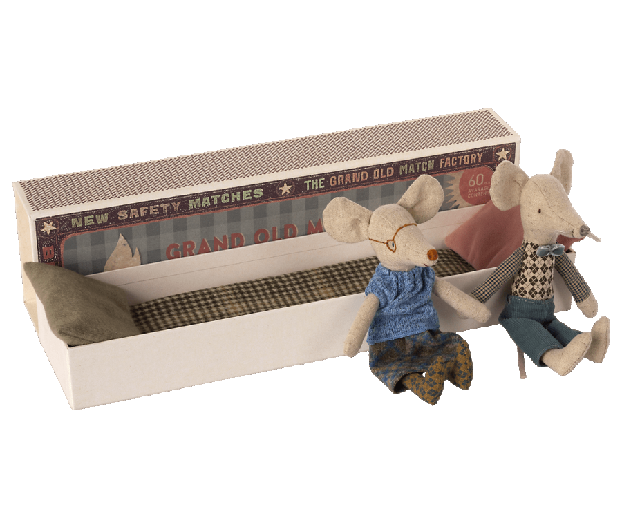 Maileg | Grandma & Grandpa Mice Sitting Beside Match Box | ChocoLoons