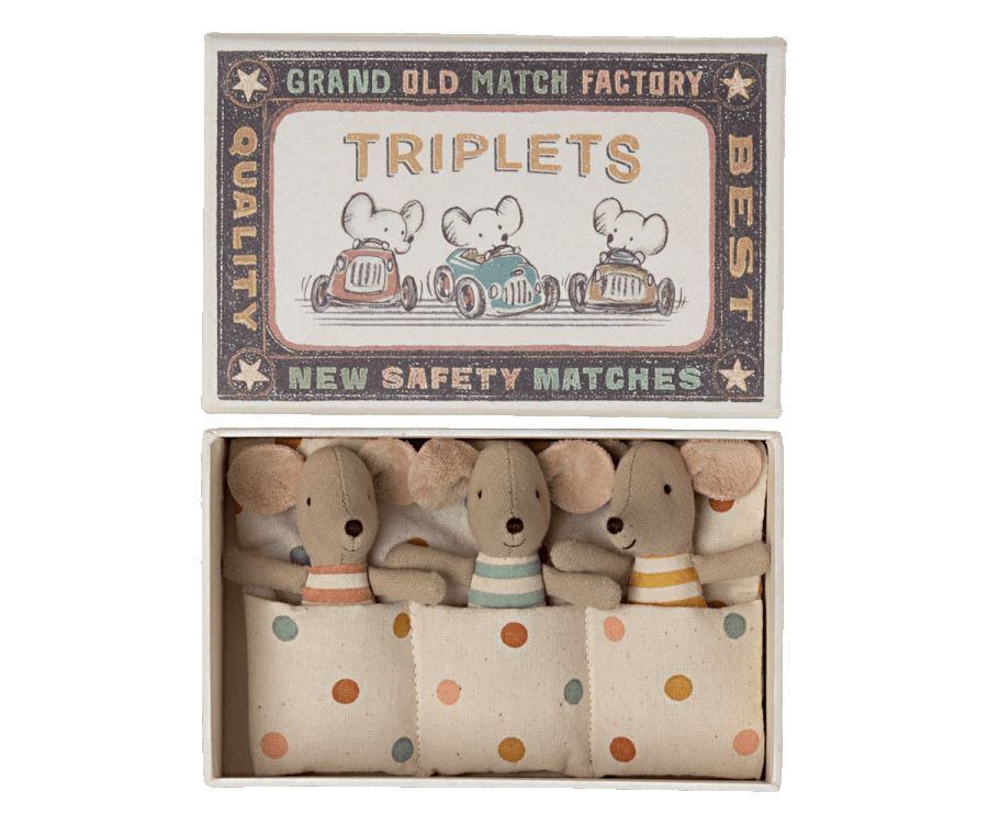 Maileg Triplets | Baby Mice Covered In Blankets In Matchbox | ChocoLoons