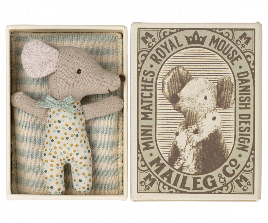 Maileg | Sleepy/Wakey Baby Mouse In Matchbox | Blue | ChocoLoons