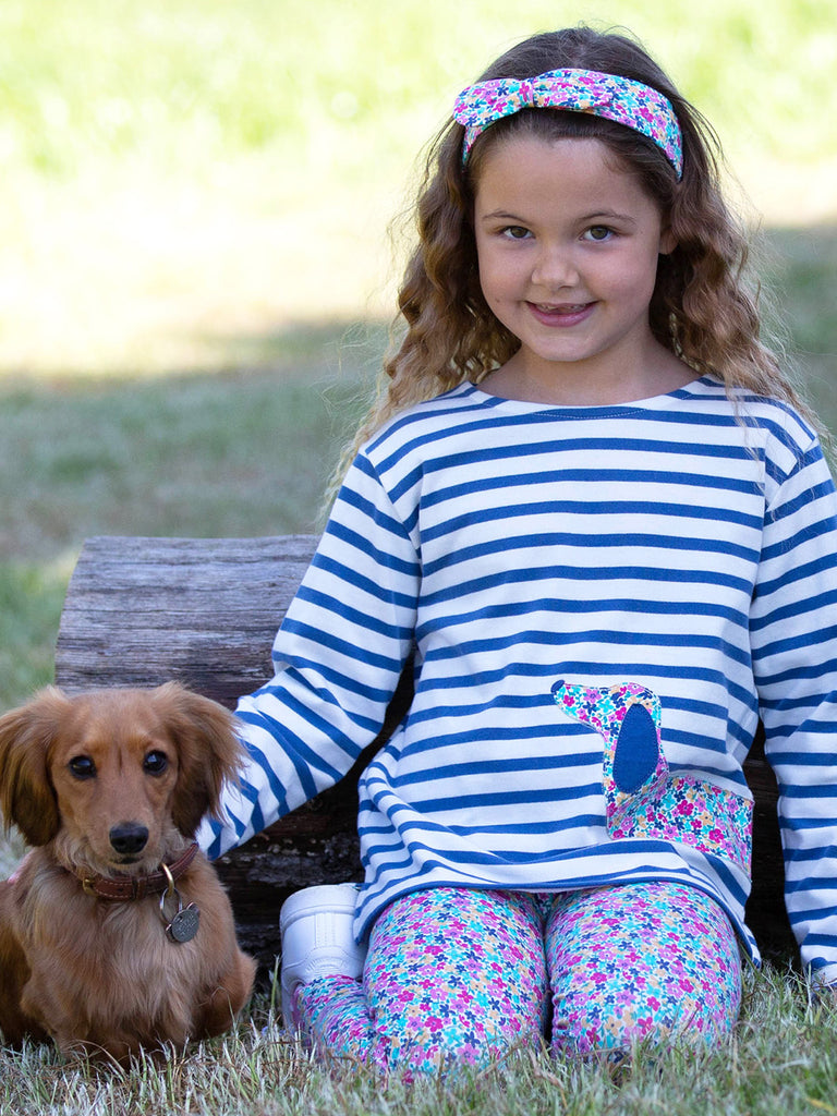 Girl Wearing Navy & White Striped Top With Daxie The Dog Appliqué | ChocoLoons