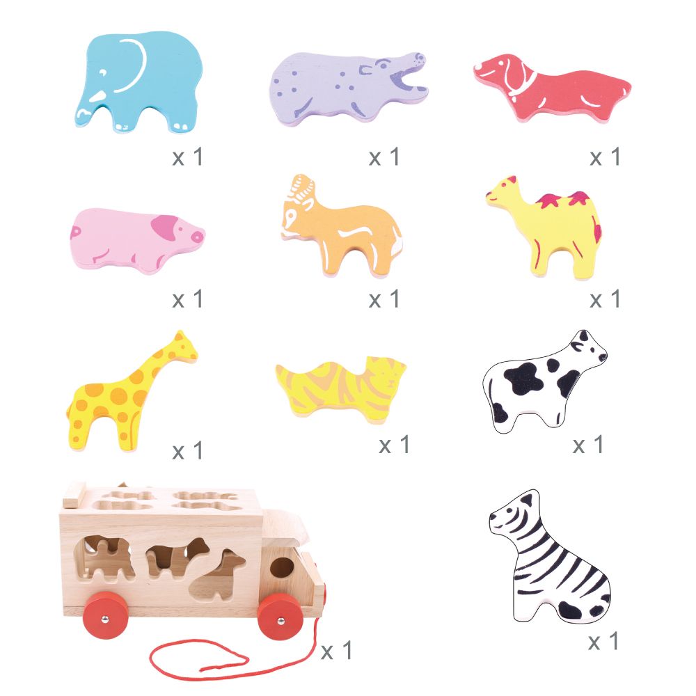 Bigjigs Wooden Animal Shape Lorry | Contents With 10 Animals | Chocoloons