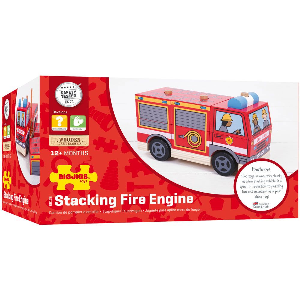 Bigjigs Wooden Stacking Fire Engine Toy | Boxed View |  Chocoloons