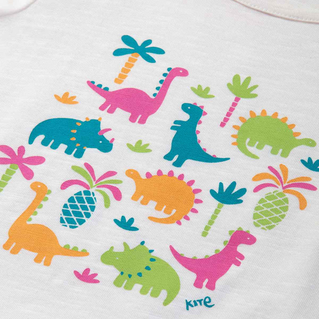 Kite Clothing | Cream top with Colourful Dinosaurs | Detail View | ChocoLoons  Edit alt text