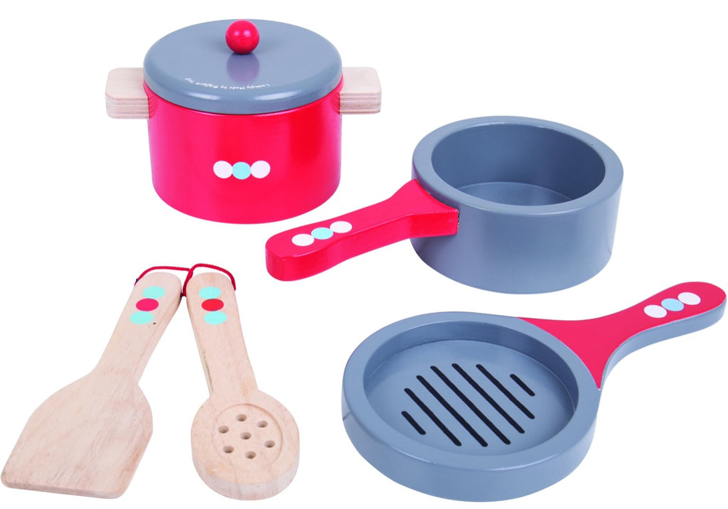 Bigjigs Wooden Cooking Pans | Red/Grey | Chocoloons