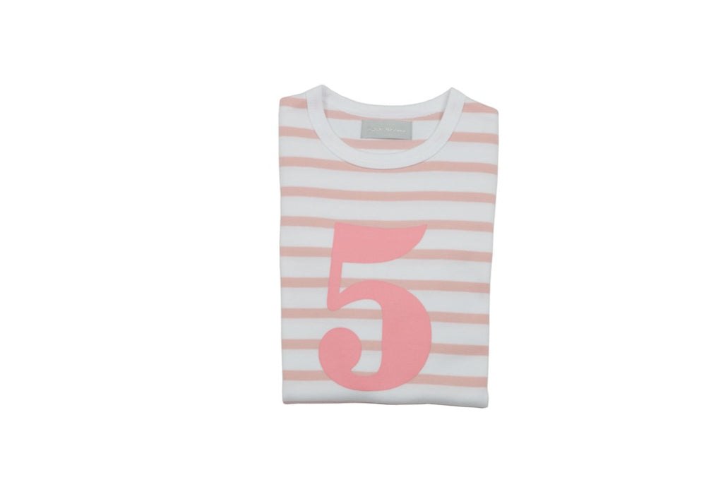 Bob and Blossom Pink & White Breton Striped Numbered 5 t-shirt