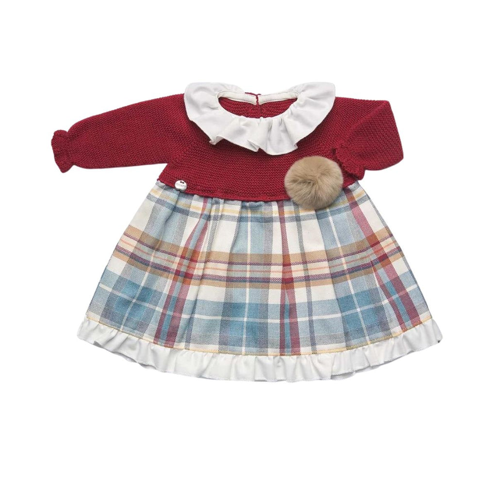Juliana | Dress With Red Knit Top And Tartan Skirt | White Frill Hem And Neckline | Beige Pom Pom | Chocoloons