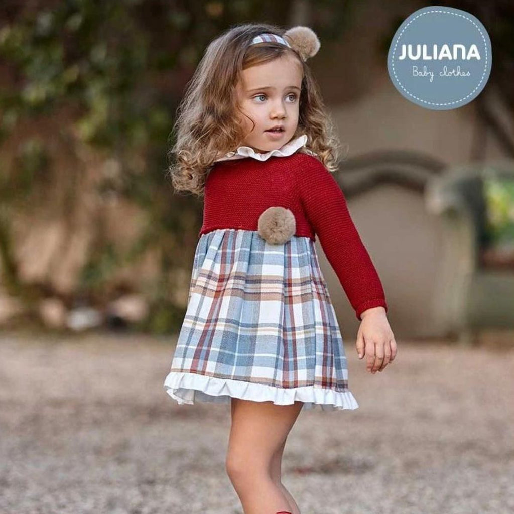 Juliana | Dress With Red Knit Top And Tartan Skirt | White Frill Hem And Neckline | Girl Wearing Beige Pom Pom | Chocoloons