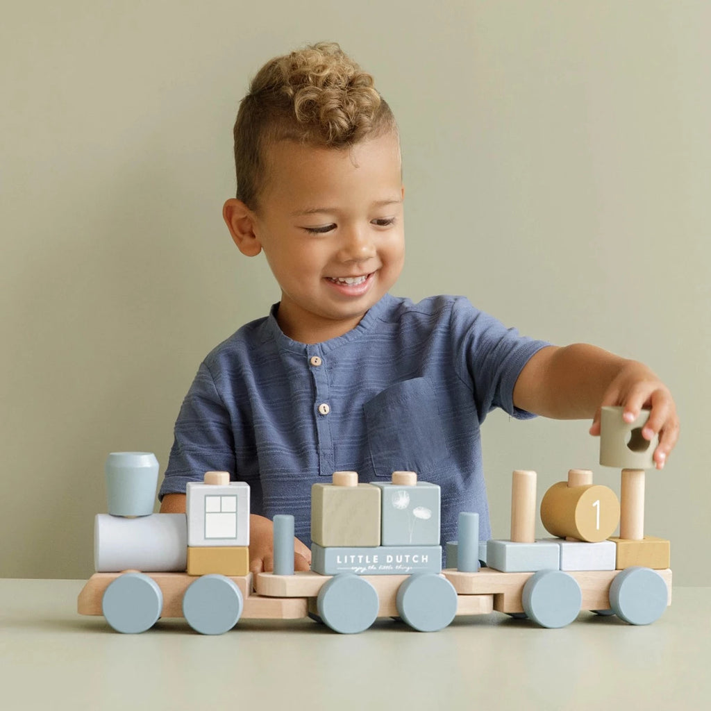 Boy Playing With Little Dutch Wooden Stacking Train | Ocean Blue | ChocoLoons