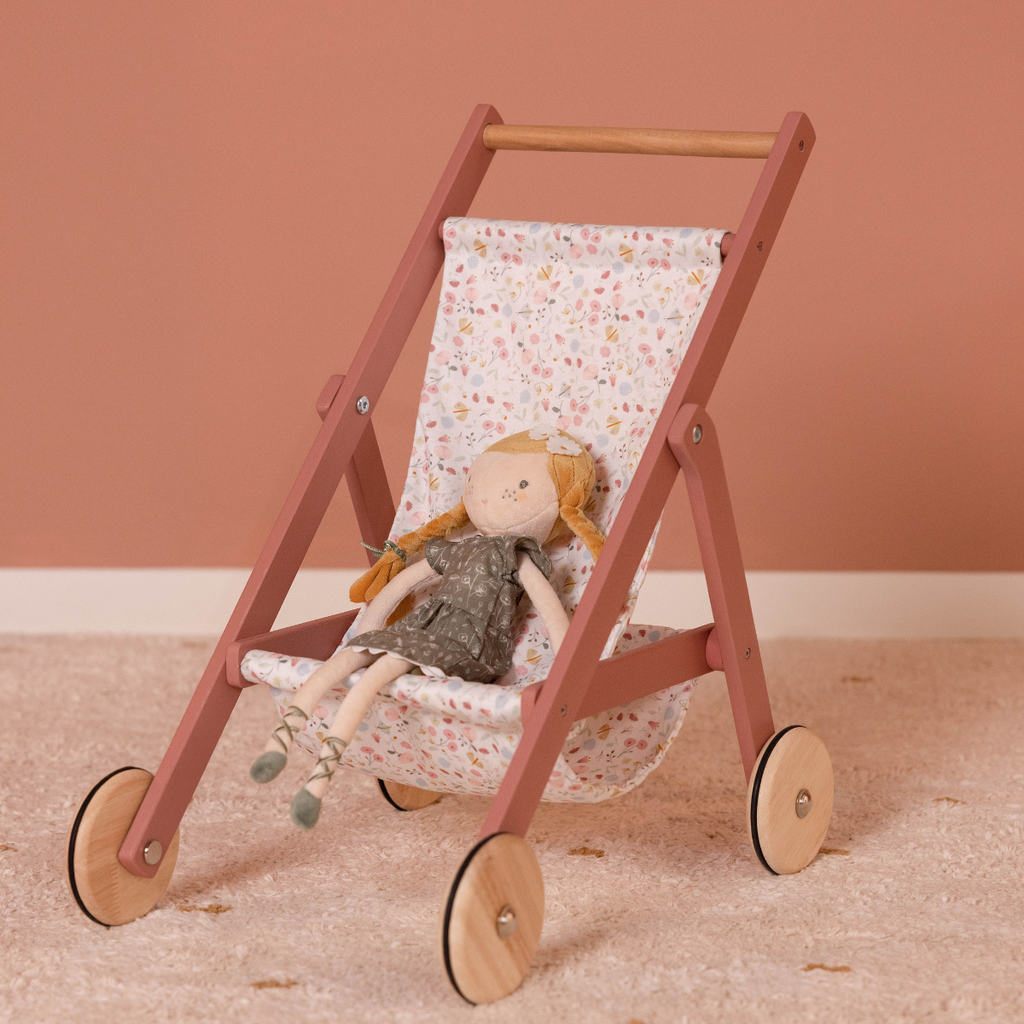 Little Dutch Wooden Stroller | Pink Wood | Flower and Butterfly Design | Shown With Doll | ChocoLoons