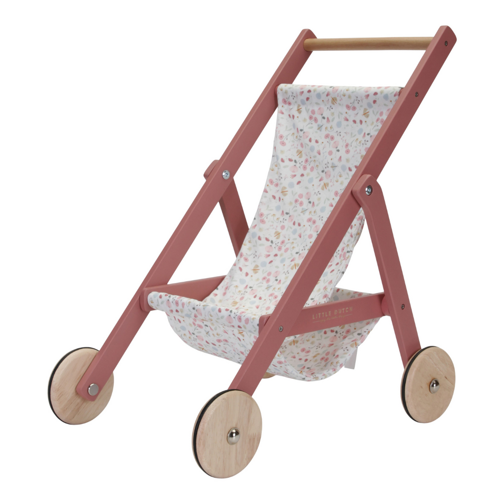 Little Dutch Wooden Stroller | Pink Wood | Flower and Butterfly Design | ChocoLoons