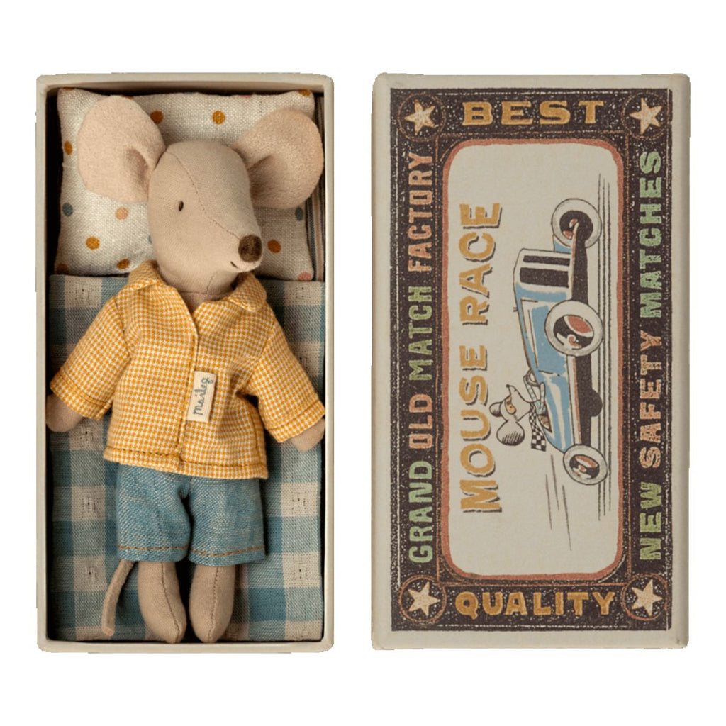 Maileg | Small mouse soft toy in a yellow shirt and blue shorts | Comes in a matchbox bed with a dotted pillow and blue blanket | Chocoloons 