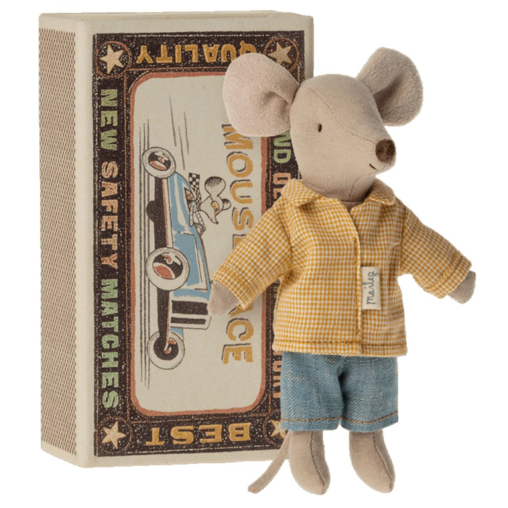 Maileg | Small mouse soft toy in a yellow shirt and blue shorts | Comes with a matchbox bed | Chocoloons 