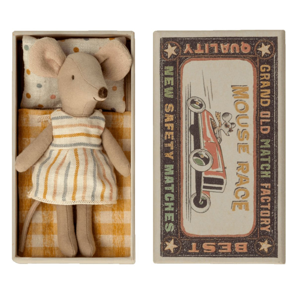 Maileg | Small mouse soft toy in a striped dress | Comes in a matchbox bed with a dotted pillow and yellow blanket | Chocoloons 