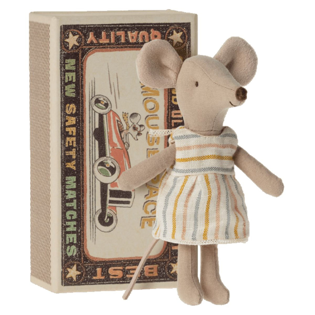Maileg | Small mouse soft toy in a striped dress | Comes with a matchbox bed with | Chocoloons 