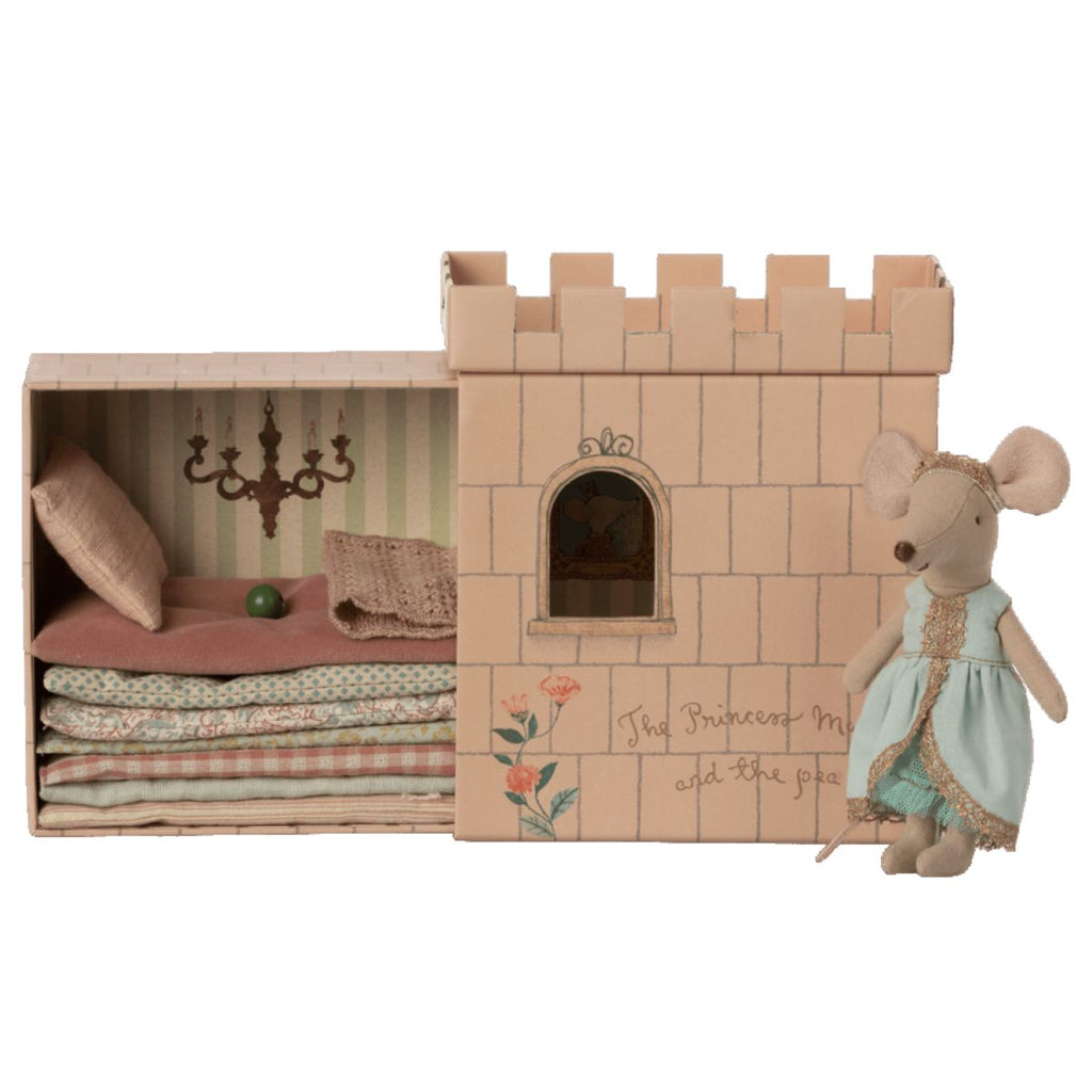 Maileg | Plush mouse toy in a blue and gold princess dress with a gold head band | Pink matchbox style box with a castle design | Mini Mattresses with a pea attached, a mini pillow and a mini knitted blanket | Chocoloons